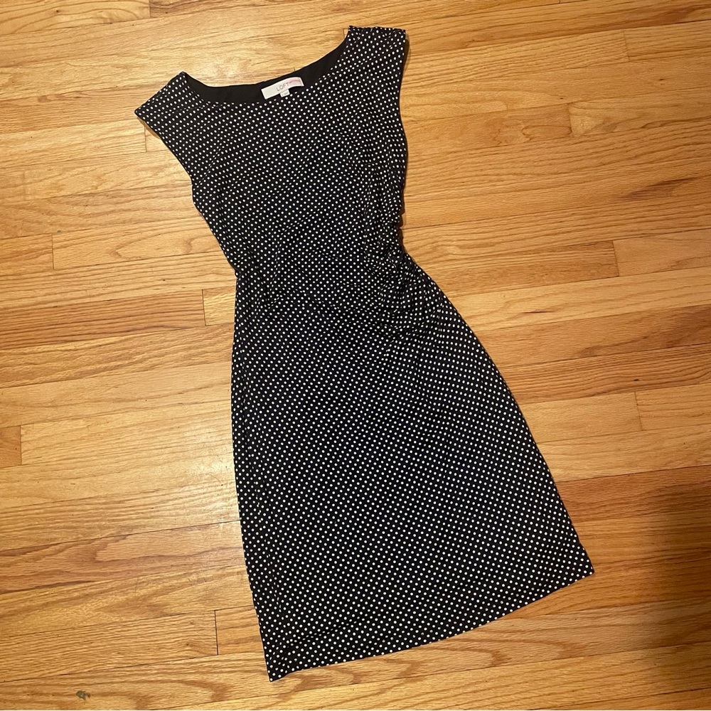 2FOR$30 Loft Navy Polkadot Stretchy Fitted Pencil Dress With Ruching - Picture 2 of 7